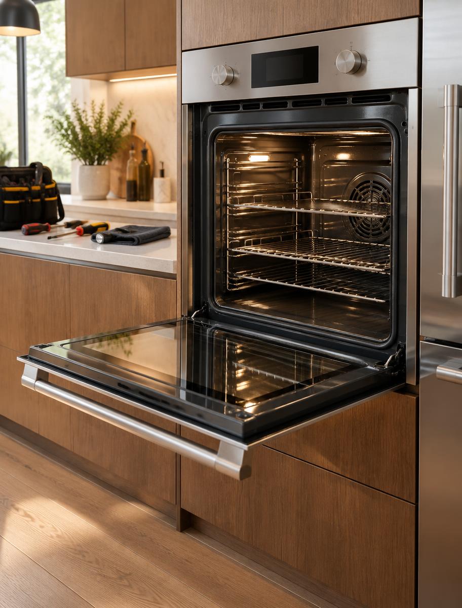 Built-in stainless steel oven open for inspection