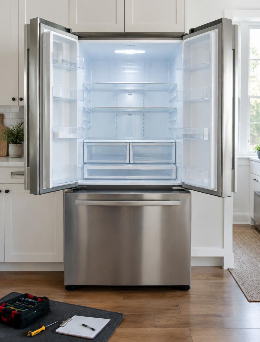 Open stainless steel refrigerator ready for diagnosis